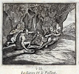 Satyr i pasażer. Bajki Jean de La Fontaine (1621-95). Ilustracja François Chauveau (1613-1676). Wydanie z 1728 r.
