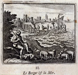 Pasterz i morze. Bajki Jean de La Fontaine (1621-95). Ilustracja autorstwa François Chauveau (1613-1676). Wydanie z 1728 r.