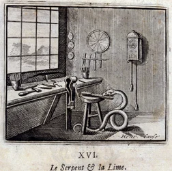 Wąż i wapno. Bajki Jean de La Fontaine (1621-95). Ilustracja Francois Chauveau (1613-1676). Wydanie z 1728 r.