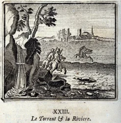 Potok i Riviere. Bajki Jean de La Fontaine (1621-95). Ilustracja Francois Chauveau (1613-1676). Wydanie z 1728 r.