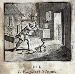 Wieśniak i wąż. Bajki Jean de La Fontaine (1621-95). Ilustracja François Chauveau (1613-1676). Wydanie z 1728 r.