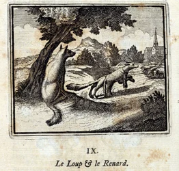 Wilk i lis. Bajki Jean de La Fontaine (1621-95). Ilustracja François Chauveau (1613-1676). Wydanie z 1728 r.