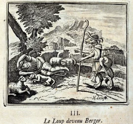 Wilk stał się Bergerem. Bajki Jeana de La Fontaine (1621-95). Ilustracja François Chauveau (1613-1676). Wydanie z 1728 r.