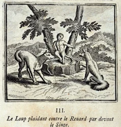Wilk błagający Lisa przed Małpą. Bajki Jean de La Fontaine (1621-95). Ilustracja François Chauveau (1613-1676). Wydanie z 1728 r.