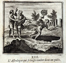 Astrolog, który wpada do studni. Bajki Jean de La Fontaine (1621-95). Ilustracja François Chauveau (1613-1676). Wydanie z 1728 r.