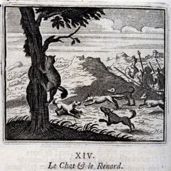 Kot i lis. Bajki Jean de La Fontaine (1621-95). Ilustracja autorstwa François Chauveau (1613-1676). Wydanie z 1728 r.