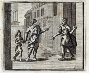 Depozytariusz jest niewierny. Bajki Jean de La Fontaine (1621-95). Ilustracja François Chauveau (1613-1676). Wydanie z 1728 r.