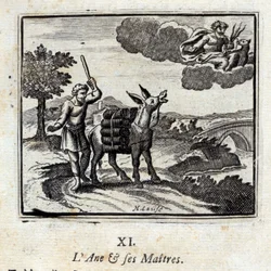 Osioł i jego panowie. Bajki Jean de La Fontaine (1621-95). Ilustracja François Chauveau (1613-1676). Wydanie z 1728 r.