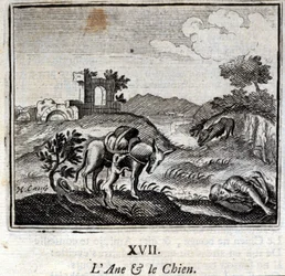 Osioł i pies. Bajki Jean de La Fontaine (1621-95). Ilustracja François Chauveau (1613-1676). Wydanie z 1728 r.