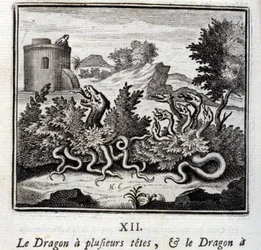 Smok ma kilka głów, a smok ma kilka ogonów. Bajki Jeana de La Fontaine’a (1621-95). Ilustracja François Chauveau (1613-1676). Wydanie z 1728.