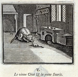 Stary Kot i młoda Mysz. Bajki Jean de La Fontaine (1621-95). Ilustracja François Chauveau (1613-1676). Wydanie z 1728 r.