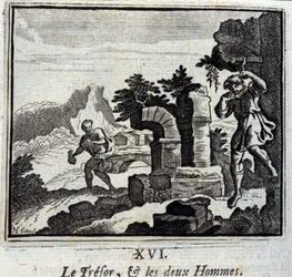 Skarbnik i dwaj mężczyźni. Bajki Jean de La Fontaine (1621-95). Ilustracja François Chauveau (1613-1676). Wydanie z 1728 r.
