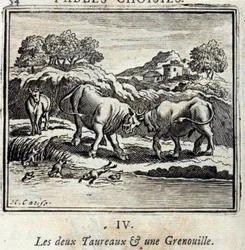 Dwa Byki i Żaba. Bajki Jean de La Fontaine (1621-95). Ilustracja Francois Chauveau (1613-1676). Wydanie z 1728 r.