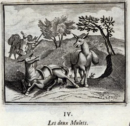 Dwa muły. Bajki Jean de La Fontaine (1621-95). Ilustracja François Chauveau (1613-1676). Wydanie z 1728 r.