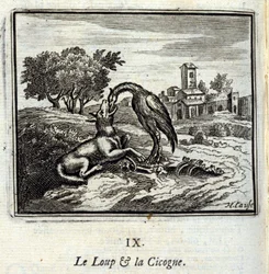 Wilk i bocian. Bajki Jean de La Fontaine (1621-95). Ilustracja François Chauveau (1613-1676). Wydanie z 1728 r.