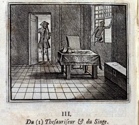 Tezaurator i Małpa. Bajki Jean de La Fontaine (1621-95). Ilustracja Francois Chauveau (1613-1676). Wydanie z 1728 r.