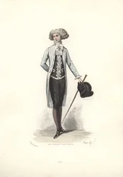 Elegancki mężczyzna w pasiastym płaszczu z epoki Marii Antoniny.