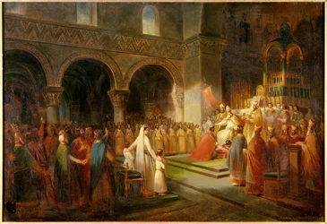 Namaszczenie Pepina Krótkiego przez papieża Stefana II w opactwie Saint-Denis 28 lipca 754 roku. Obraz François Dubois