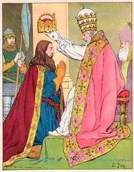 Karol Wielki (742-814) ukoronowany przez papieża Leona III (c750-816) w bazylice św. Piotra w Rzymie 25 grudnia 800 - Uświęcenie (Koronacja) Karola Wielkiego (742-814) w 800 przez papieża Leona III - Ilustracja Franciszka Ziera ( 1856-1924) zaczerpnięty z 