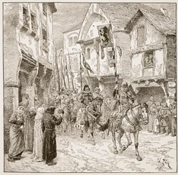 Wyjazd księcia Roberta do Ziemi Świętej, ilustracja z „Kościoła anglikańskiego: historia dla ludu” autorstwa H.D.M. Spence-Jones, wyd. ok. 1910 (zdjęcie w sepii)