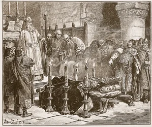 Fitz-Arthur zabrania pochówku Williama, ilustracja z „Ilustrowanej historii Anglii Cassella” (zdjęcie w sepii)