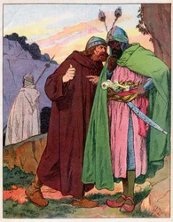Ganelon przekazuje wrogowi słowa cesarza Karola Wielkiego (742-814) (Song de Roland) (Sprawa Francji) – ilustracja autorstwa Francois Ziera (1856-1924) zaczerpnięta z „”Nos-Gloriers-Nationales”” około 1920 r.