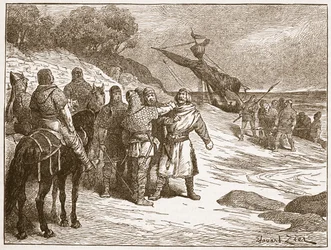 Harold wzięty do niewoli przez hrabiego Ponthieu, ilustracja z „Ilustrowanej historii Anglii Cassella” (zdjęcie w sepii)