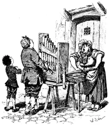 Ilustracja do komiksu Paula Scarrona: Barbarzyński organista wpadł na ulicę (rycina)