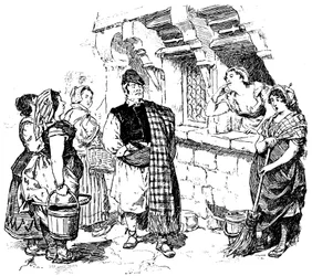 Ilustracja do „Comic Romanesque” Paula Scarrona: rozdział 19 części 2 „Elegancki Gusman budzi podziw i pożądanie pokojówek” (litografia)