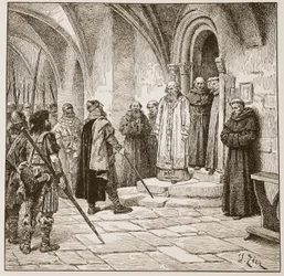Swein żądający okupu, ilustracja z „Kościoła anglikańskiego: historia dla ludu” autorstwa H.D.M. Spence-Jones, wyd. ok. 1910 (zdjęcie w sepii)