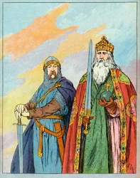 Król Franków Karol Wielki i francuski rycerz Roland de Roncevaux - Charlemagne and Le Chevalier Roland (736-778) - Ilustracja Francois Zier (1856-1924) zaczerpnięta z „Nos-Gires-Nationales”” około 1920 r.