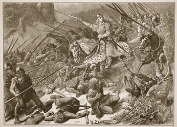 „Pani Mercians” walcząca z Walijczykami, ilustracja z „Ilustrowanej historii Anglii Cassella” (zdjęcie w sepii)