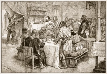 Posłaniec przynoszący Haroldowi wiadomość o lądowaniu Williama, ilustracja z „Kościoła anglikańskiego: historia dla ludu” autorstwa H.D.M. Spence-Jones, wyd. ok. 1910 (zdjęcie w sepii)