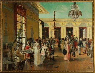 Cafe Frascati (Paryż, Francja), scena z czasów Napoleona (koniec 18-1815) - Obraz Francois Flameng (1856-1923), olej na drewnie