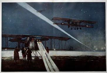 Pierwsza wojna światowa: „”odjazd z eskadry „„Sąsiedzi” na nocne bombardowanie w 1918 r.”” Akwarela Francois Flameng (1856-1923) 1918 Zbiory prywatne