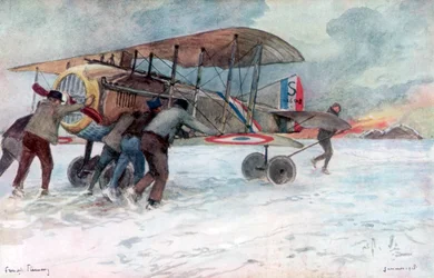 Obsługa naziemna zajmująca się francuskim samolotem SPAD na pokrytym śniegiem polu, 1918, 1926.