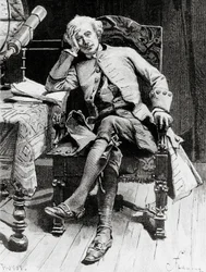 Retrato de Guy Mannering, personagem principal de Guy Mannering ou Astrólogo, romance de Walter Scott (1771-1832), gravura após desenho de François Flameng (1856-1923), da edição parisiense polonês