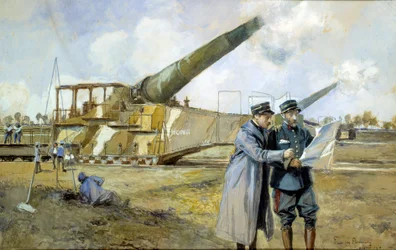 I wojna światowa: 400 baterii w październiku 1916 (ALVF lub ALGP (ciężka artyleria dużego zasięgu) dowódców Wielkiej Wojny obserwuje plan bitwy. Obraz Francois Flameng (1856-1923)
