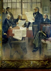 Pisarze w XIX wieku: Edgar Quinet, Abel François Villemain, François Guizot, Jules Michelet, Victor Cousin, Ernest Renan - oprawione płótno François Flameng (1856-1923), Sorbonne University, Paryż