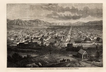 Panorama miasta wielkiego brudnego jeziora, z cytatem Świętych (Utah), rysunek Ferogio, dla zilustrowania podróży Richarda Burtona do miasta Świętych, stolicy krainy Mormonów, w 1860 roku. Grawerowanie w „” Le tour du monde ””, pod redakcją Edouarda Charto