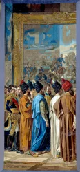 Napoleon I (1769-1821) przyjęty na zamku Finkenstein w Polsce, ambasador szacha perskiego Georges Outrey, wicekonsul Francji w Bagdadzie, przedstawia Mohammeda Mirza Rezę. Gobelin wykonany przez warsztat gobelinów przez Francois Henri Mulard