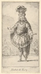 Habit de Roy: mężczyzna noszący tonnelet ozdobiony rozetami, koroną i turbanem w..., ca. 1721.