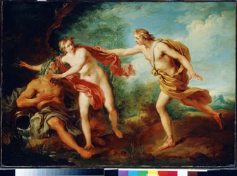 Apollo i Dafne z jej ojcem, bogiem rzeki Peneusem. Malarstwo francuskie XVIII wieku. Państwowe Muzeum-Park Arkangielskoje, Moskwa