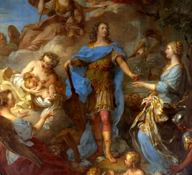 Fragment „” Król Ludwik XV (1710-1774) dający pokój Europie”” Alegoria w czasie traktatu sewilskiego, reprezentowana jest bogini Minerwa. Obraz Francois le Moyne (1688-1737) 1729 nd. 3,82x2,95 m - Fragment przedstawiający króla Ludwika XV (1710-1774)