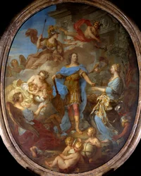 Król Ludwik XV (1710-1774) dający pokój Europie Alegorie w czasie traktatu sewilskiego reprezentowana jest bogini Minerwa. Obraz Francois le Moyne (1688-1737) 1729 nd. 3,82x2,95 m .