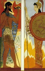 Odyseja Homera: bogowie Posejdon i Atena, rytowana przez Theo Schmieda, litografia barwna, 1930-33