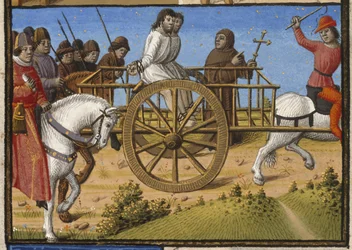 Harley 4375, f.140 Dwóch więźniów w wozie przewożonym na egzekucję w towarzystwie księdza, ilustracja z „Les Faits et les Dis des Romains et de Autres Gens” (lub „Memorabilia”) Valeriusa Maximusa, Paryż