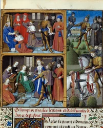 Sceny z życia króla franków Karola Wielkiego (742-814). Miniatura zaczerpnięta z rękopisu „Speculum historiale” (Le Mirror historyl) Vincenta de Beauvais (1184/94-1264) inluminowanego przez Mistrza Francois (XV wiek). Chantilly, Conde