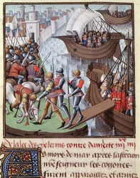 Siódma krucjata: flota krucjaty pod dowództwem św. Ludwika z Damiette w 1249 r. Miniatura zaczerpnięta z rękopisu „Le Mirror historyl de Vincent de Beauvais”, tom III mistrza Francois (XV w.). Fol.418r. Muzeum Conde, Chantilly