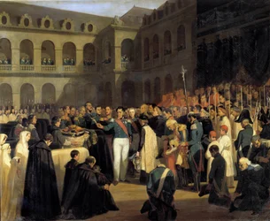 Pogrzeb ofiar ataku Fieschi w dniu 5 sierpnia 1835 r. w obecności króla Ludwika Filipa Atak Giuseppe Fieschiego (konspiratora korsykańskiego) miał miejsce 28 lipca 1835 r. na króla Francji Ludwika Filipa I, Boulevard du Świątynia w Paryżu. P